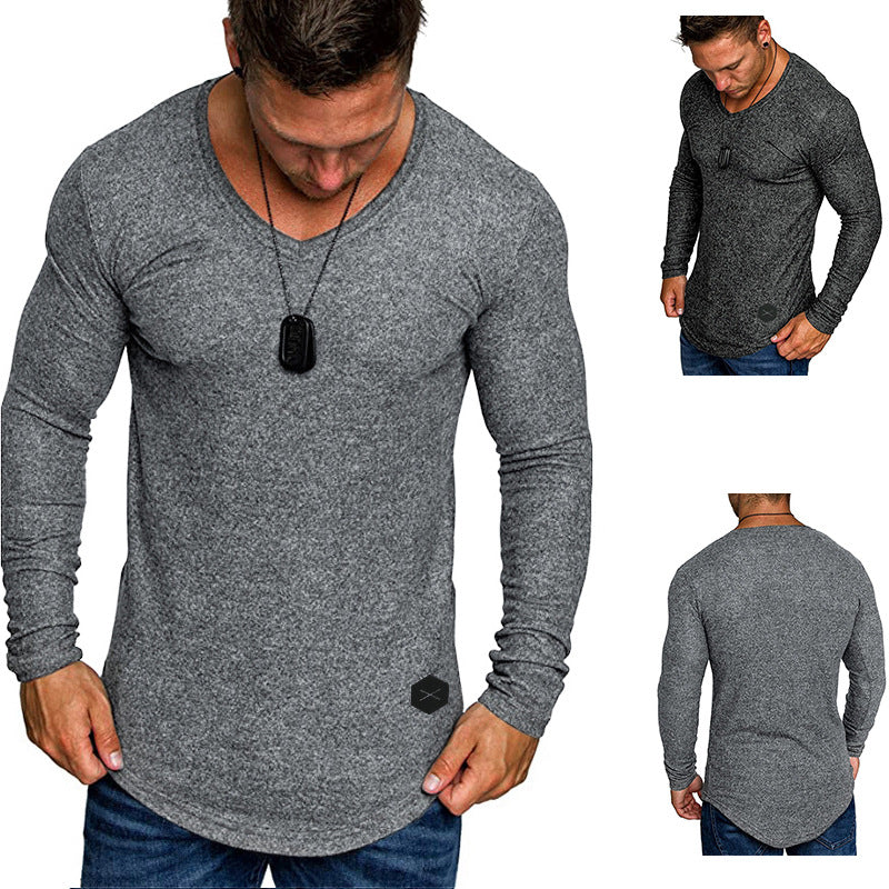 Herren Enganliegendes Langarmshirt mit tiefem V-Ausschnitt, elastischem Baumwollmix und abgerundetem Saum Drune