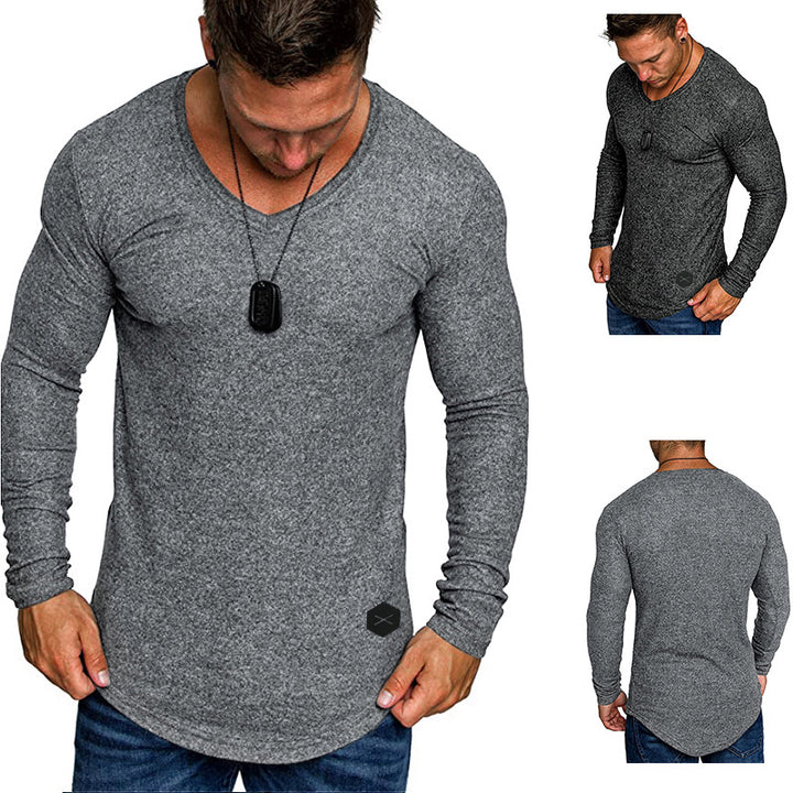 Herren Enganliegendes Langarmshirt mit tiefem V-Ausschnitt, elastischem Baumwollmix und abgerundetem Saum Drune