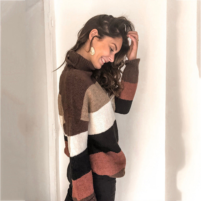 Damen Oversize-Blockstreifen-Rollkragenpullover aus fluffigem Strick Drune