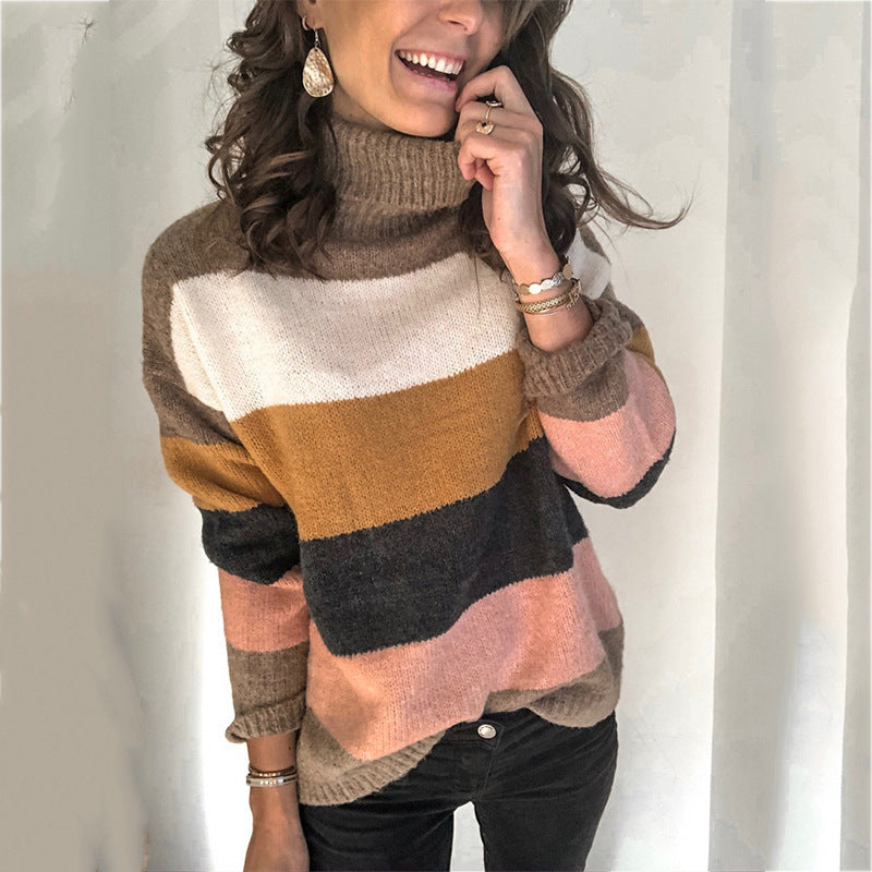 Damen Oversize-Blockstreifen-Rollkragenpullover aus fluffigem Strick Drune