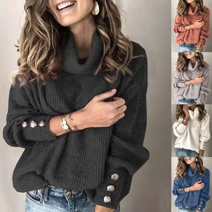 Damen Oversized Rollkragenpullover mit dekorativen Knöpfen Drune