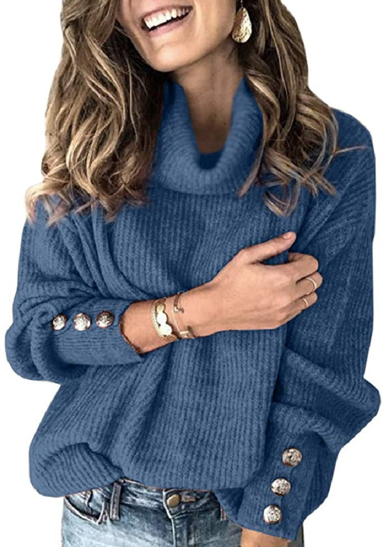 Damen Oversize-Rollkragenpullover mit Rippstruktur und Zierknopfleiste Drune
