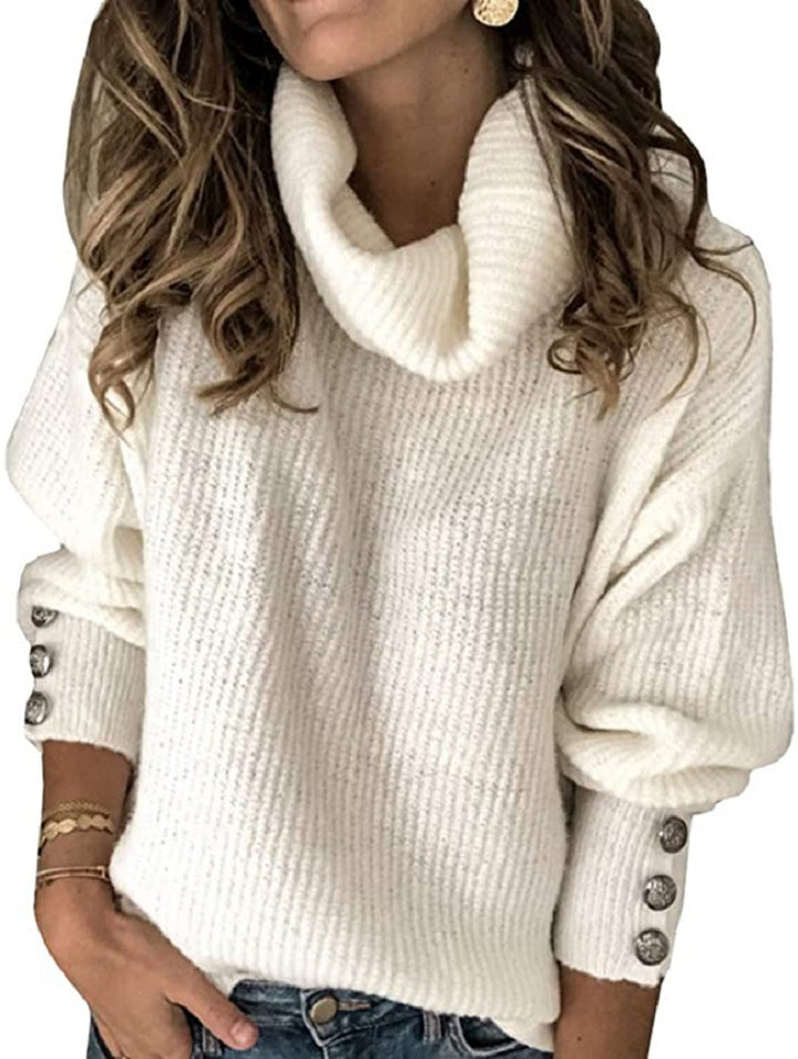 Damen Oversize-Rollkragenpullover mit Rippstruktur und Zierknopfleiste Drune