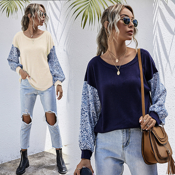 Damen Leichter Waffelstrick-Pullover mit floral gemusterten Balloonärmeln Drune