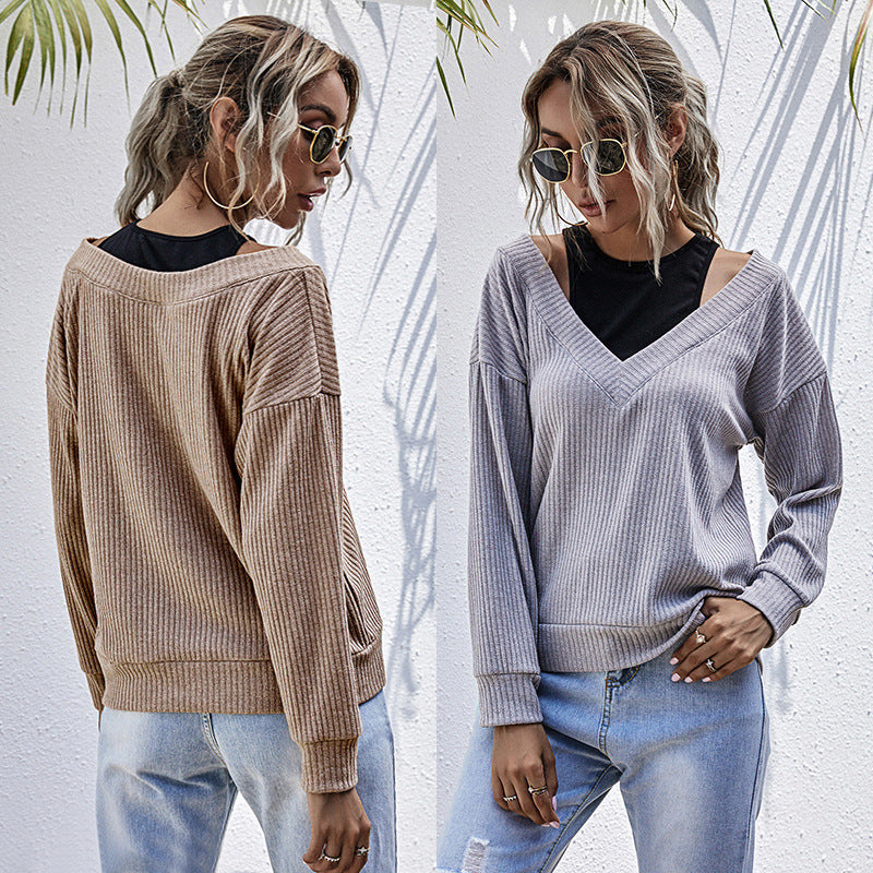 Damen Gerippter V‑Ausschnitt Strickpullover im Lagenlook mit Cut‑Out‑Schulter & überschnittener Passform Drune