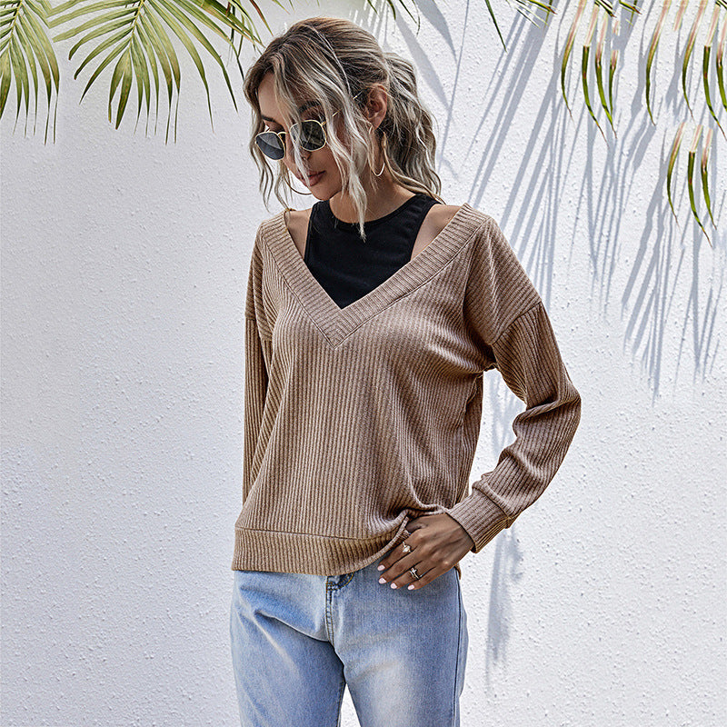 Damen Gerippter V‑Ausschnitt Strickpullover im Lagenlook mit Cut‑Out‑Schulter & überschnittener Passform Drune
