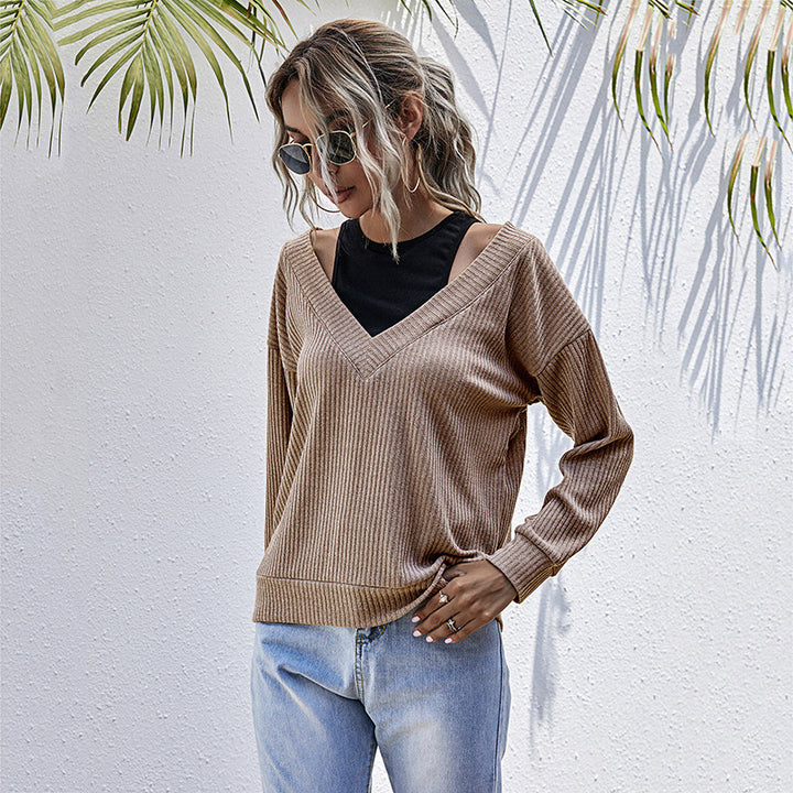 Damen Gerippter V‑Ausschnitt Strickpullover im Lagenlook mit Cut‑Out‑Schulter & überschnittener Passform Drune