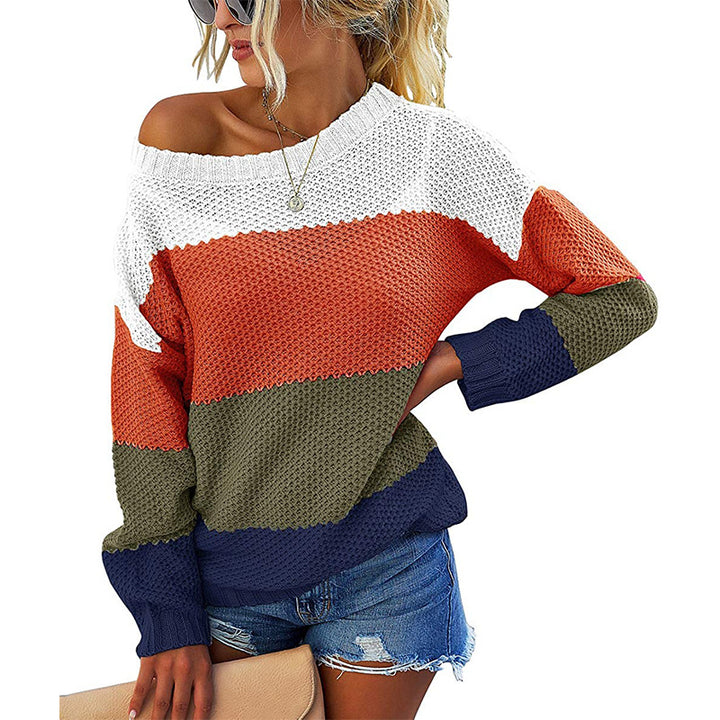Damen Schulterfreier Blockstreifen-Strickpullover mit Waffelstruktur und Oversize-Schnitt Drune