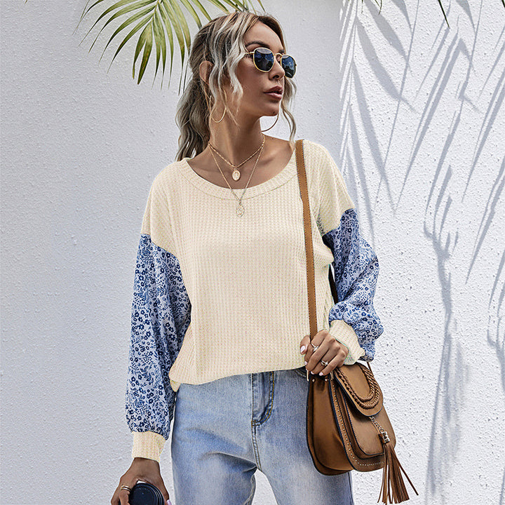 Damen Leichter Waffelstrick-Pullover mit floral gemusterten Balloonärmeln Drune