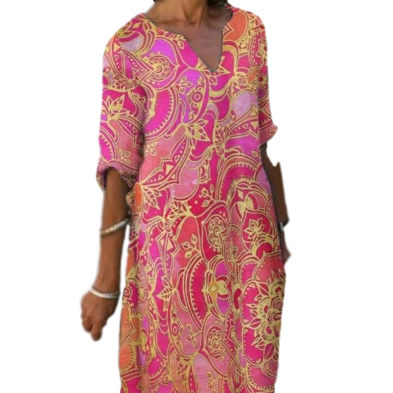 Damen Freizeitleichtkleid mit elegantem V-Ausschnitt und buntem Muster Drune
