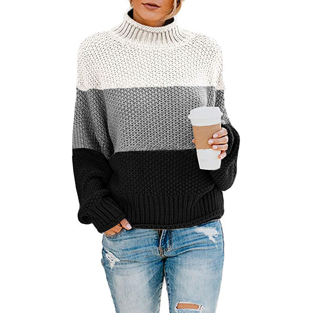 Damen Grobstrick-Pullover mit Stehkragen, Blockstreifen und Oversize-Passform Drune