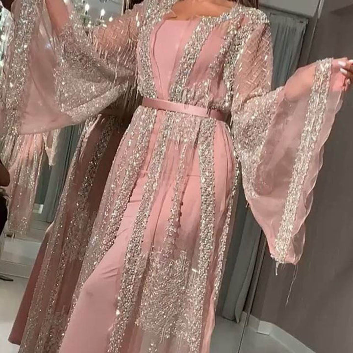 Damen Elegante Kaftan Robe aus transparentem Stoff mit aufwendigen Verzierungen Drune