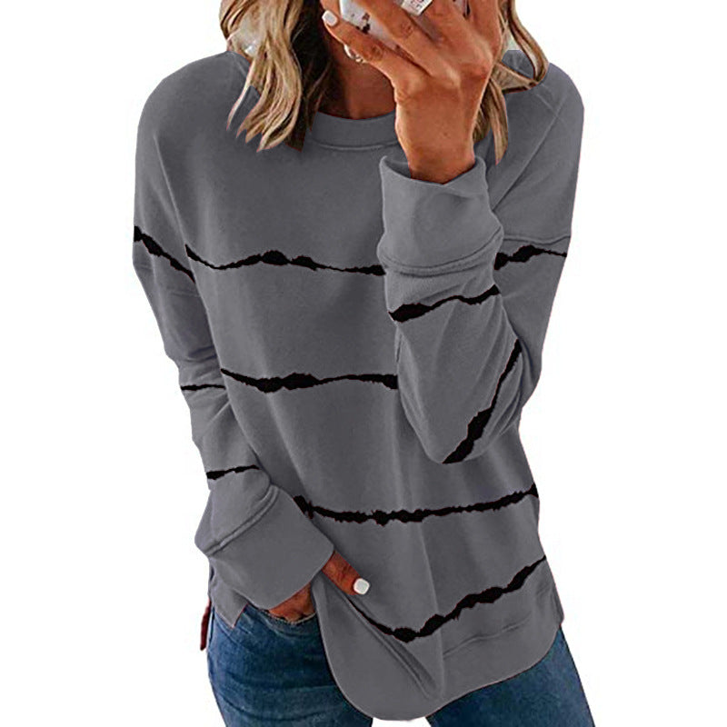 Damen nan lässiges Oversize-Sweatshirt mit wellenförmigem Streifenmuster Rundhals Seitenschlitzen und gerundetem Saum Drune