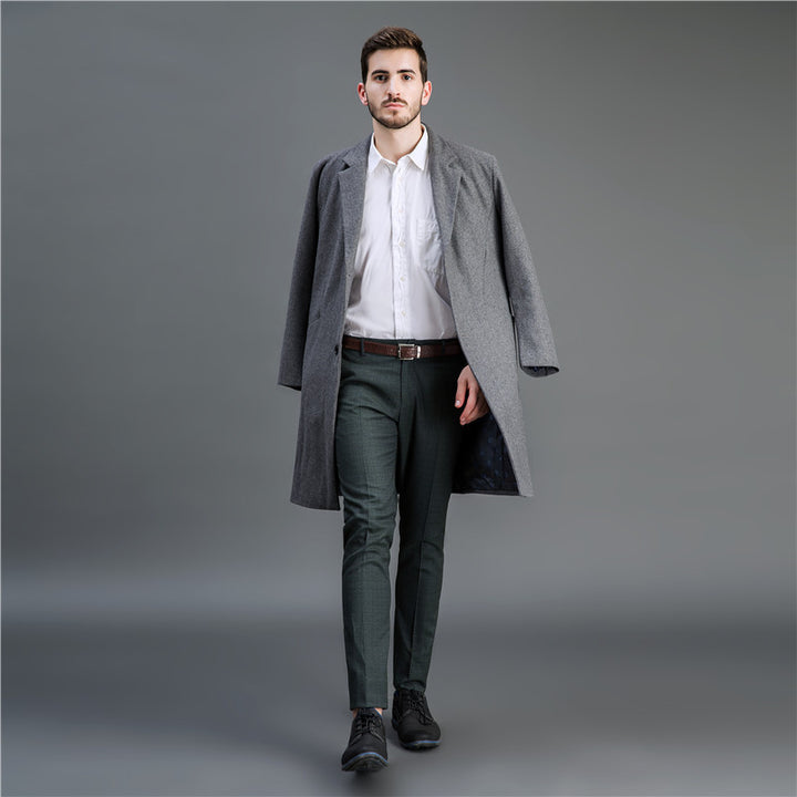 Herren Zeitloser langer Wollmantel mit schmalem Revers und Zweiknopf‑Verschluss Drune