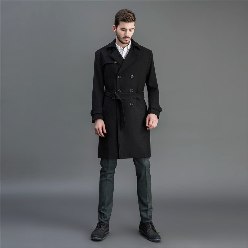 Herren Maxilanger Woll-Mantel im Trench-Look mit doppelreihiger Knopfleiste und Bindegürtel Drune