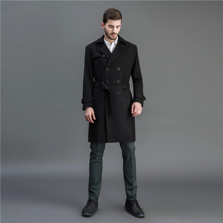Herren Maxilanger Woll-Mantel im Trench-Look mit doppelreihiger Knopfleiste und Bindegürtel Drune
