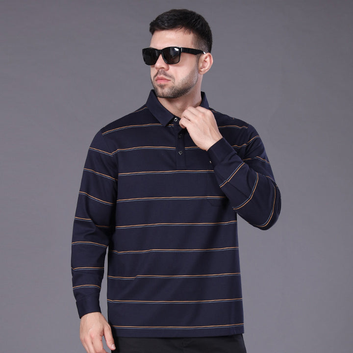 Herren Langärmeliges Poloshirt mit Brusttasche und feinem Streifenmuster Drune