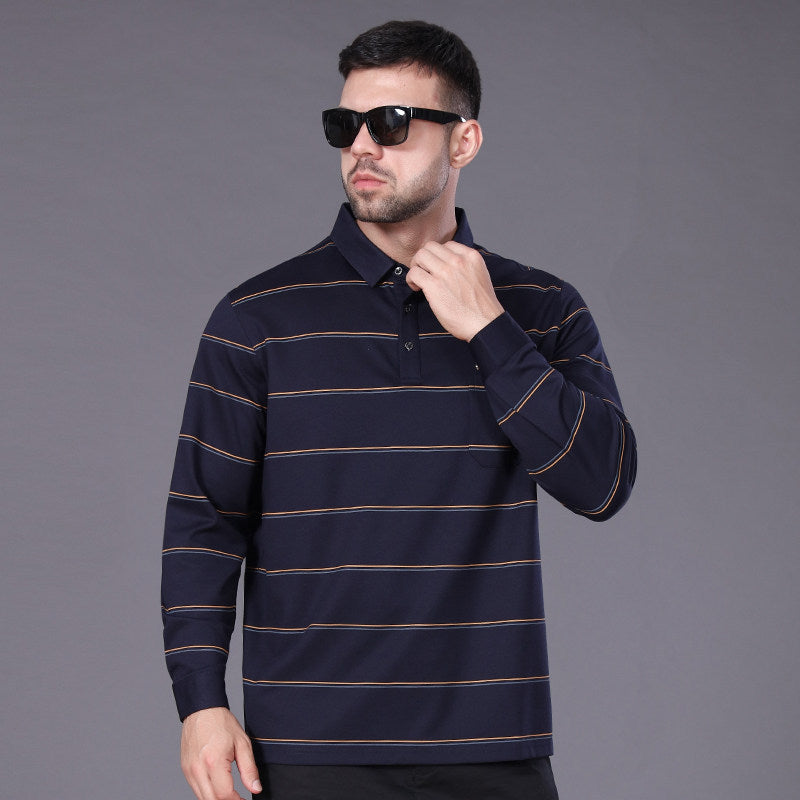 Herren Langärmeliges Poloshirt mit Brusttasche und feinem Streifenmuster Drune