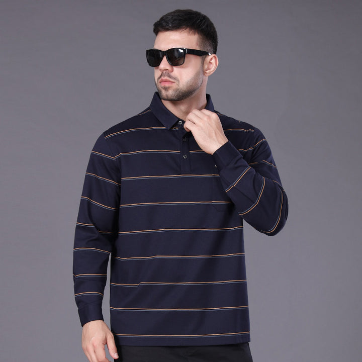 Herren Langärmeliges Poloshirt mit Brusttasche und feinem Streifenmuster Drune