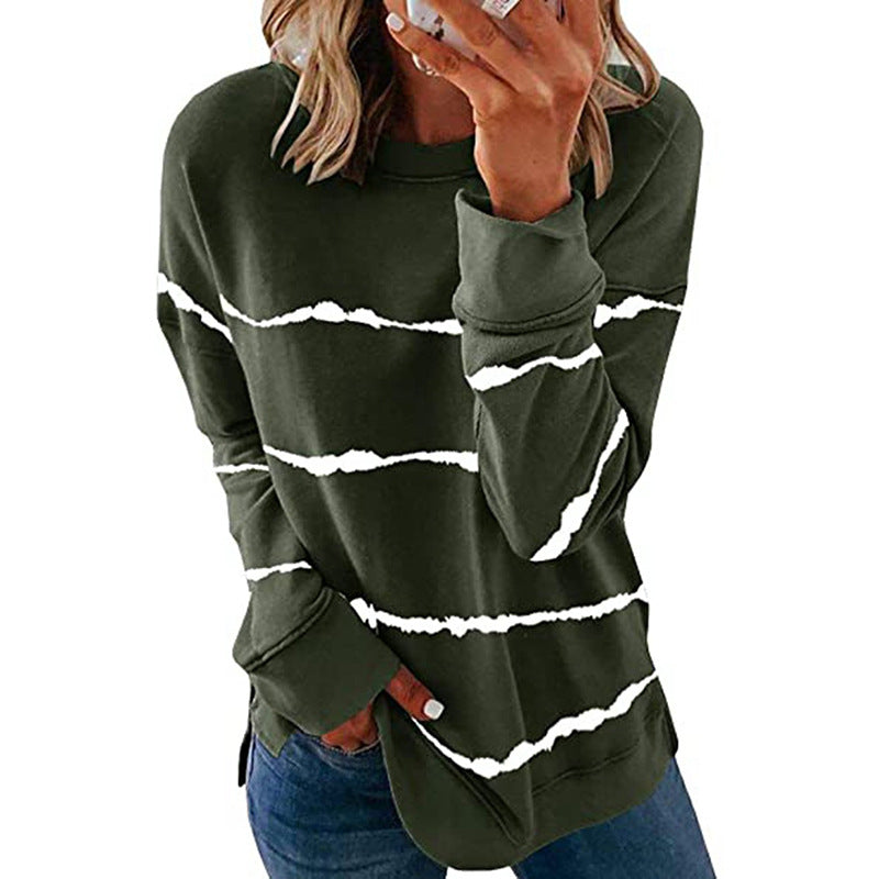 Damen nan lässiges Oversize-Sweatshirt mit wellenförmigem Streifenmuster Rundhals Seitenschlitzen und gerundetem Saum Drune