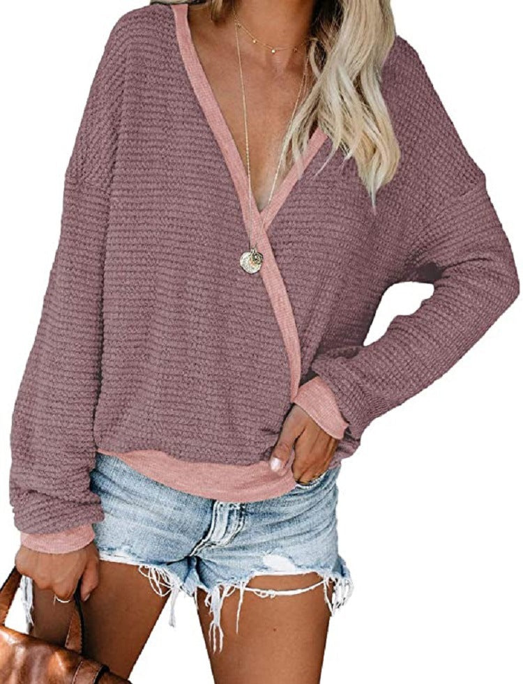 Damen Lockerer Waffelstrick-Pullover mit tiefem V-Ausschnitt und Lagen‑Look Drune