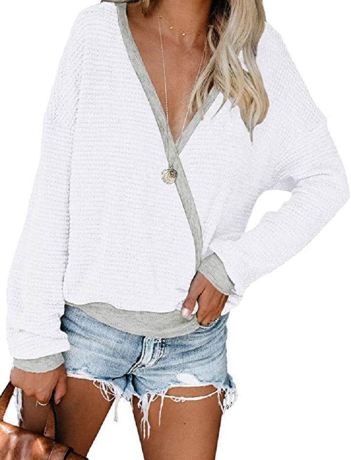 Damen Lockerer Waffelstrick-Pullover mit tiefem V-Ausschnitt und Lagen‑Look Drune