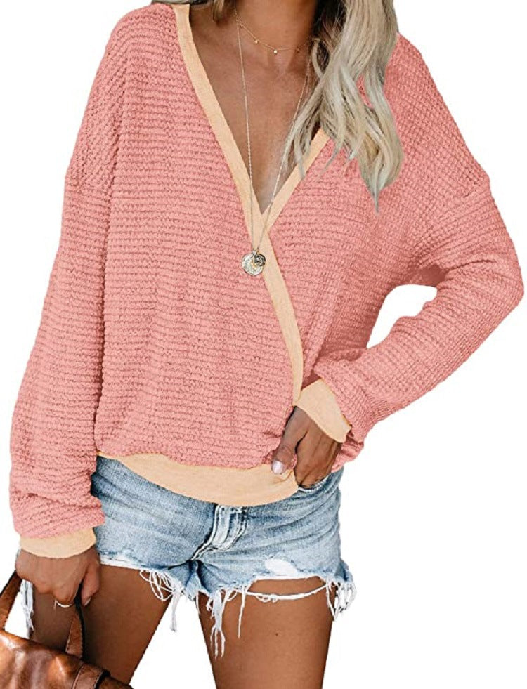 Damen Lockerer Waffelstrick-Pullover mit tiefem V-Ausschnitt und Lagen‑Look Drune