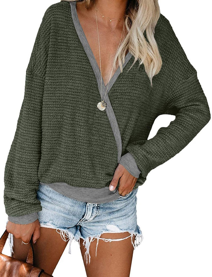 Damen Lockerer Waffelstrick-Pullover mit tiefem V-Ausschnitt und Lagen‑Look Drune