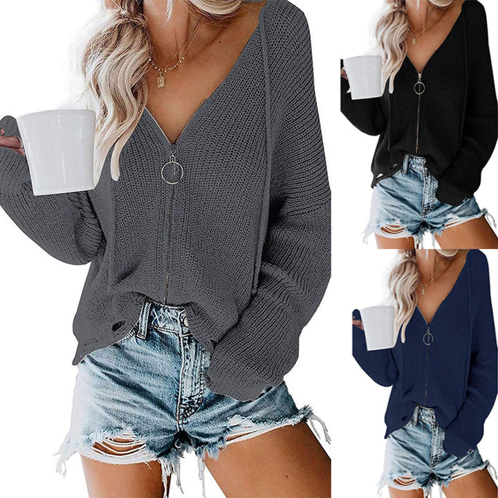 Damen Lässiger Pullover mit modernem Reißverschluss und weitem Schnitt Drune