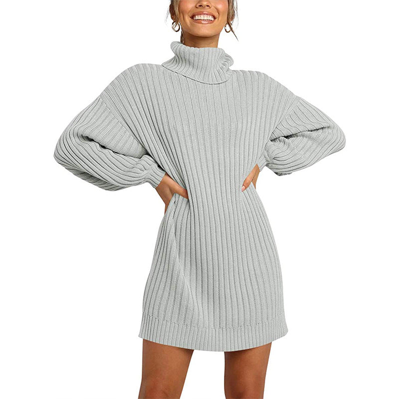 Damen Geripptes Rollkragen-Minikleid mit Oversize-Silhouette und Ballonärmeln Drune