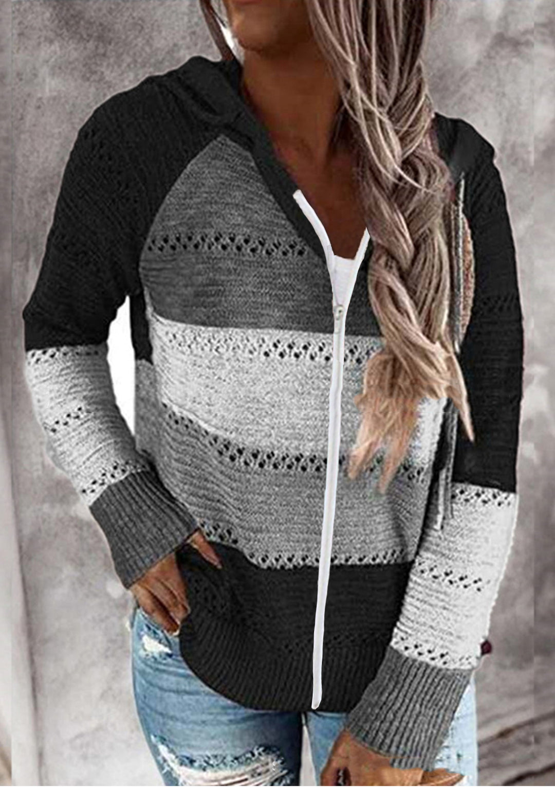 Damen Lässige Strickjacke mit Reißverschluss und Kapuze Drune