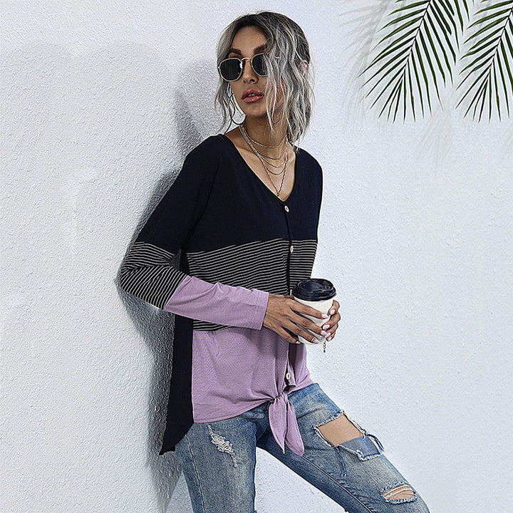 Damen Leichtes Colorblock-Longsleeve mit Knopfleiste & Knotenfront Drune