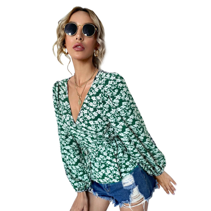 Damen Wickelbluse mit floraler Musterung und Puffärmeln Drune