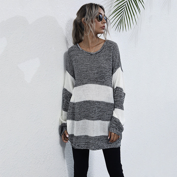 Damen Langer Oversize-Strickpullover mit breiten Blockstreifen und überschnittener Schulter Drune