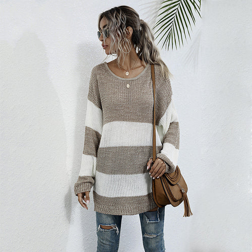 Damen Langer Oversize-Strickpullover mit breiten Blockstreifen und überschnittener Schulter Drune