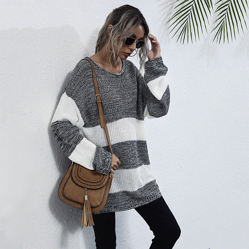 Damen Oversize Longpullover mit Blockstreifen und Rundhalsausschnitt Drune