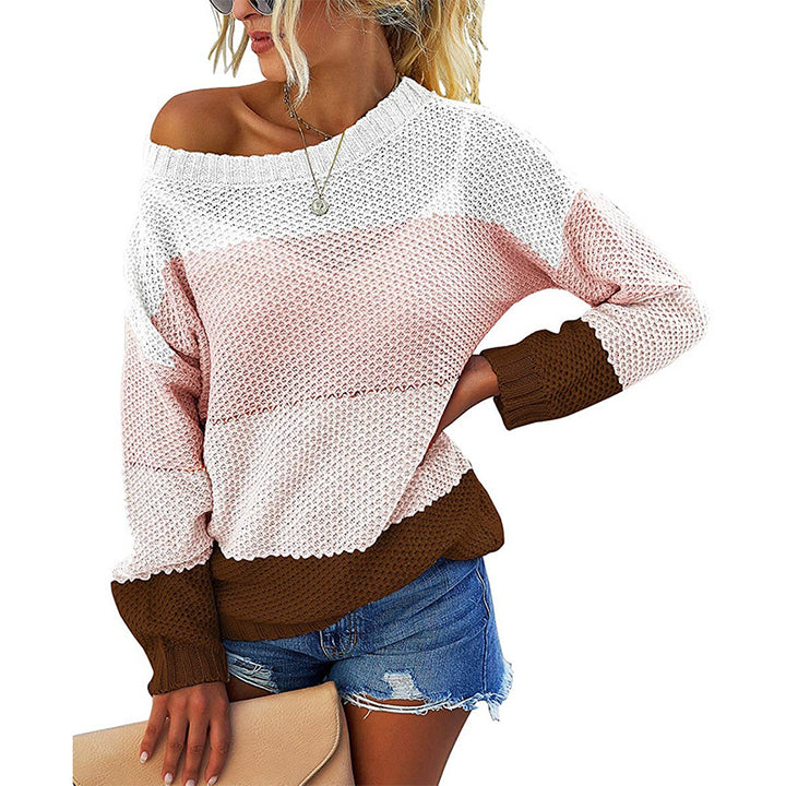 Damen Schulterfreier Blockstreifen-Strickpullover mit Waffelstruktur und Oversize-Schnitt Drune