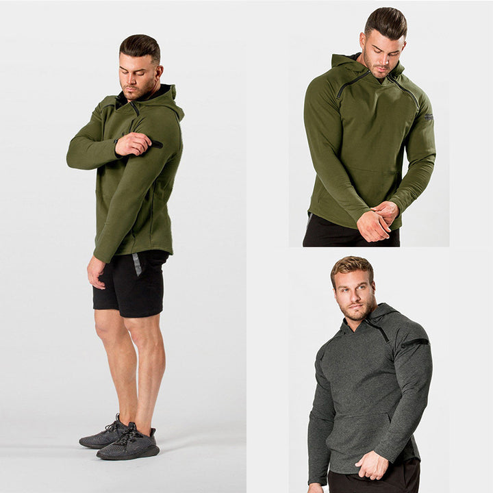 Herren Enganliegender Performance-Fit Hoodie mit Kapuze, Kängurutasche und Schulter-Reißverschluss Drune