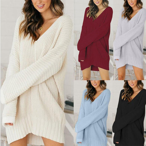 Damen Grobstrick Pulloverkleid mit V-Ausschnitt und lässigem Schnitt Drune