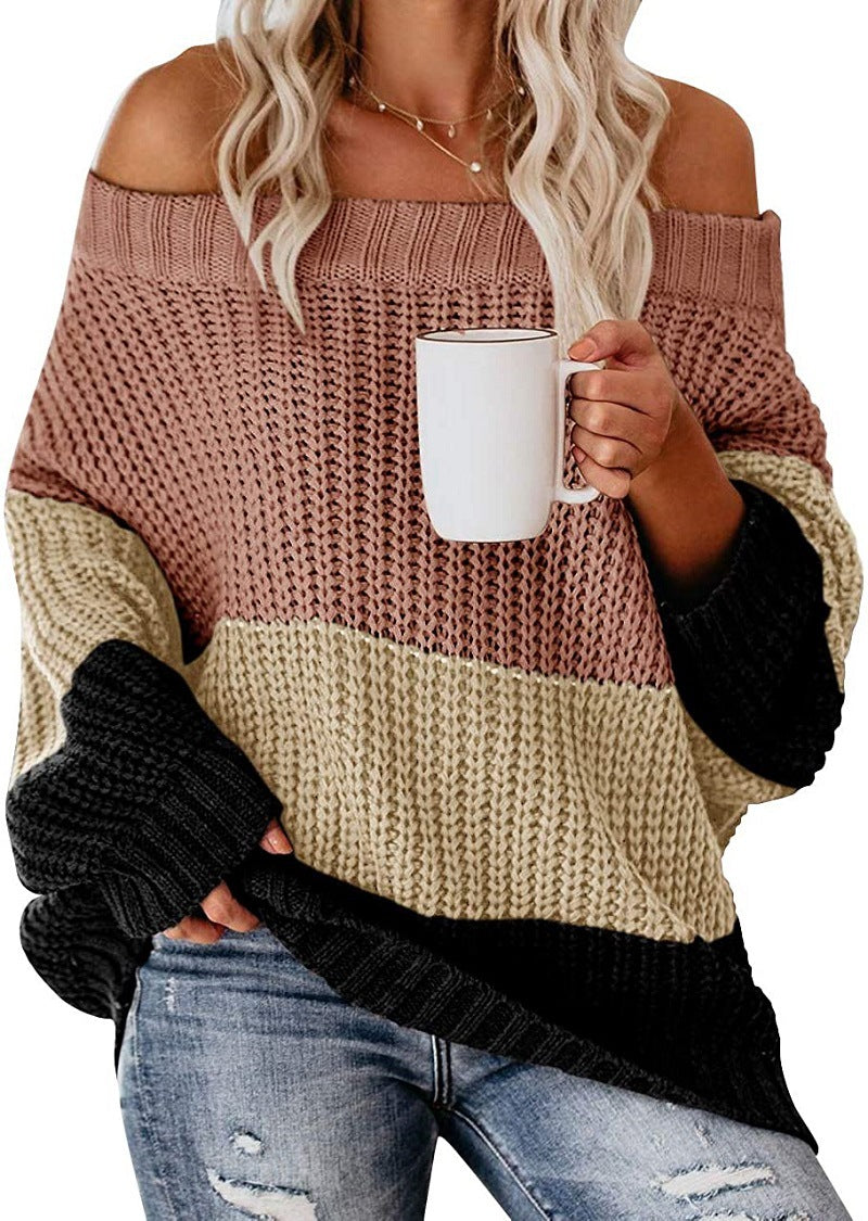 Damen lässiger Grobstrickpullover mit Off-Shoulder Design und dekorativer Farbkombination Drune