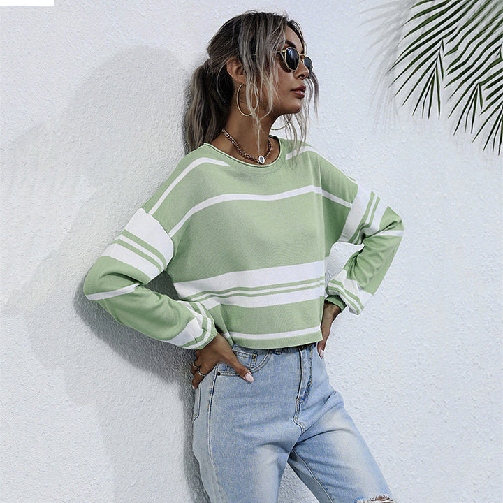 Damen Gestreifter Cropped-Feinstrickpullover mit weitem Raglanärmel Drune