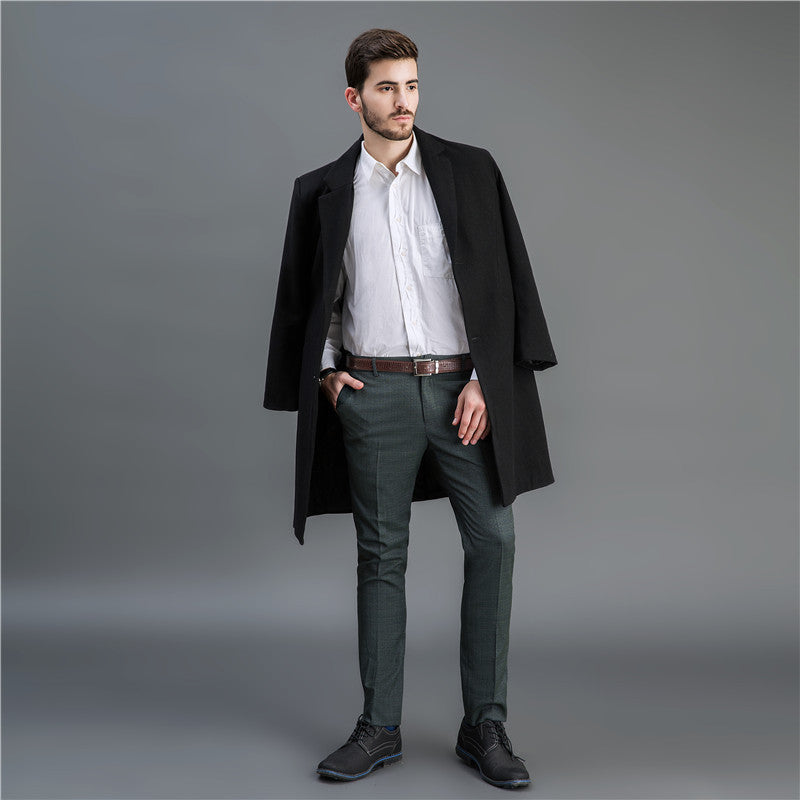Herren Eleganter langer Wollmix-Mantel mit Schalkragen und geradem Schnitt Drune