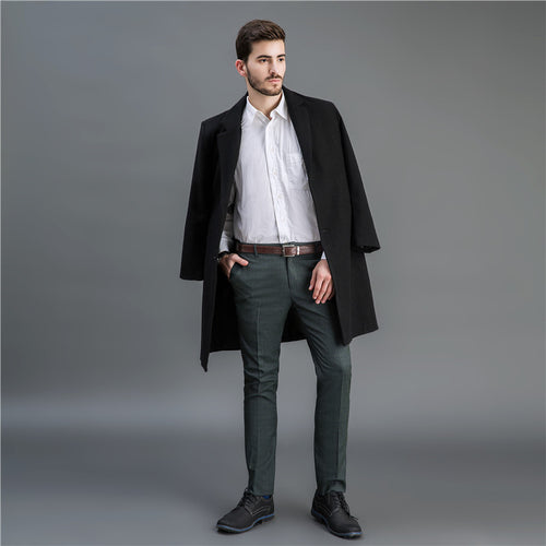 Herren Zeitloser langer Wollmantel mit schmalem Revers und Zweiknopf‑Verschluss Drune