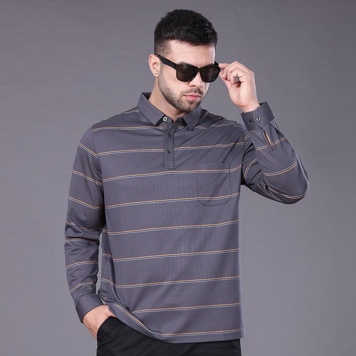 Herren Langärmeliges Poloshirt mit Brusttasche und feinem Streifenmuster Drune