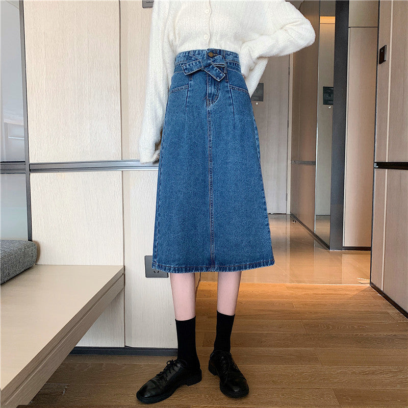 Damen Denim-Midi-Rock mit abnehmbarem Gürtel Drune