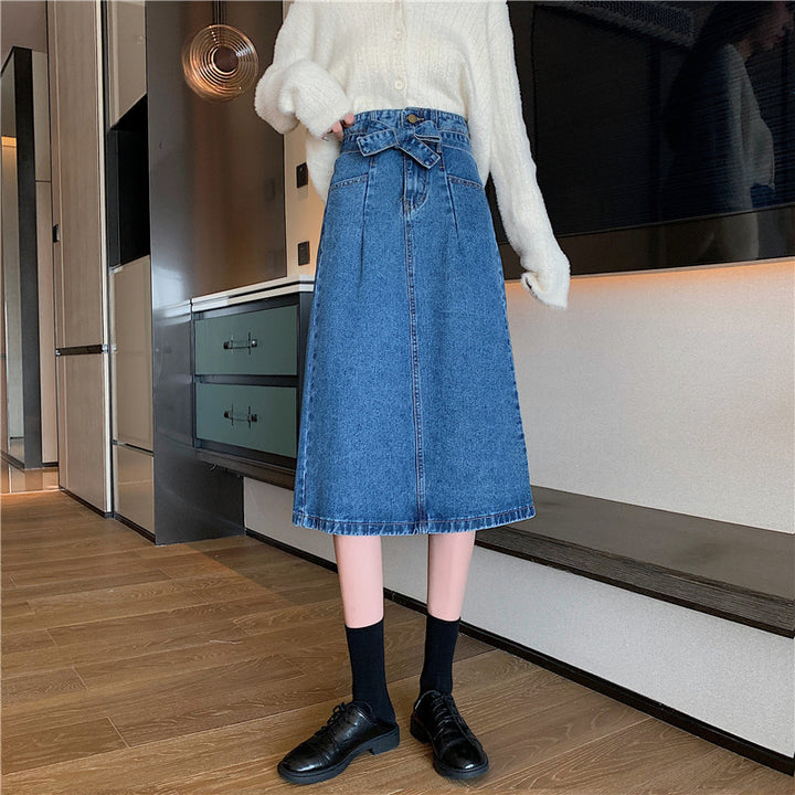 Damen Denim-Midi-Rock mit abnehmbarem Gürtel Drune