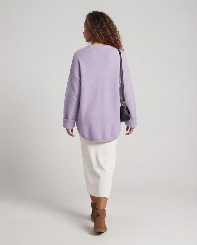 Damen Oversize Longpullover im Mohair‑Look mit Rundhals, überschnittener Schulter und seitlichem Schlitz Drune
