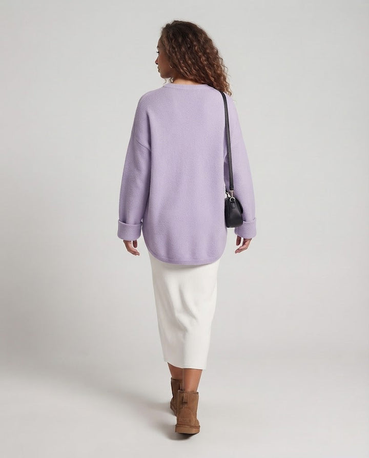 Damen Oversize Longpullover im Mohair‑Look mit Rundhals, überschnittener Schulter und seitlichem Schlitz Drune