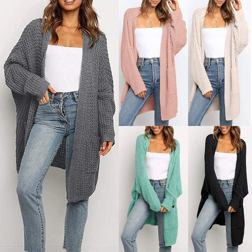 Damen Langer Offener Grobstrick-Cardigan im Cocoon-Schnitt mit Eingrifftaschen Drune