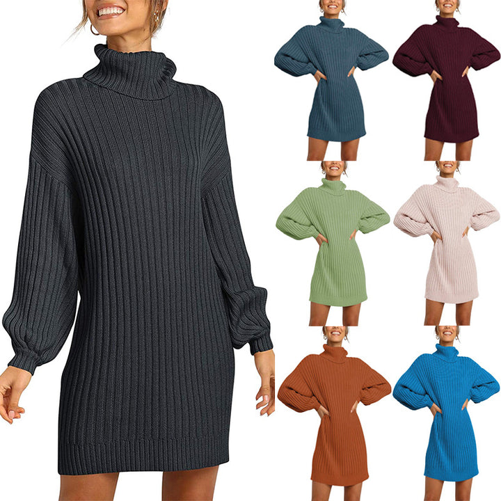 Damen Geripptes Rollkragen-Minikleid mit Oversize-Silhouette und Ballonärmeln Drune